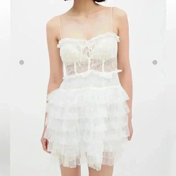 NWT For Love & Lemons White Lace Ruffled  Mini Dress in X-Small - Picture 3 of 5